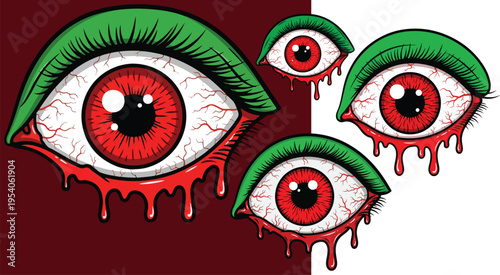 Collection of four stylized graphic illustrations depicting bloodshot, dripping eyeballs with green eyelids on transparent background. on transparent background