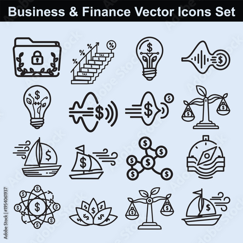 Business and finance vector icons set presenting concepts of financial management, investment growth, and economic stability with clean line illustrations