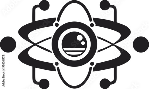 Black and white atom symbol with orbiting electrons and nucleus molecule science chemistry physics