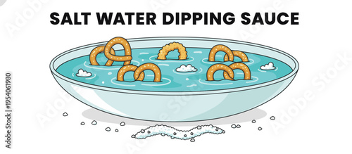 Salt water dipping sauce bowl with floating snacks. Passover Seder tradition concept. Flat design vector illustration isolated on transparent background