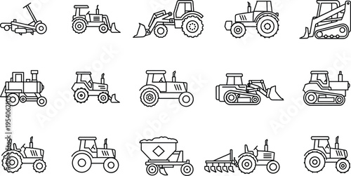 Vector collection of agricultural tractor and farming machinery icons including plow seeder harvester and loader in thin line style for rural industry design