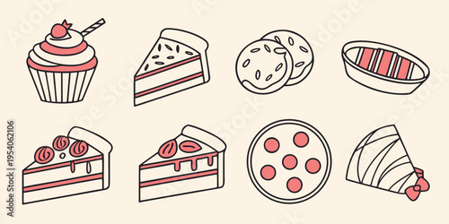 Red and black line of various sweet baked foods red and black line sweet baked foods