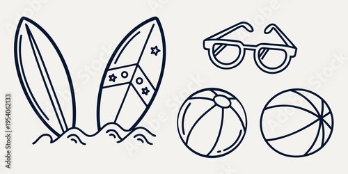 Summer vacation surfboard beach ball sunglasses