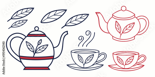 Tea and teacup line teapot leaves steam