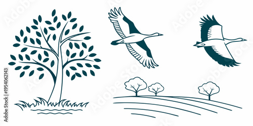 Tree and birds in a natural landscape scene flying nature