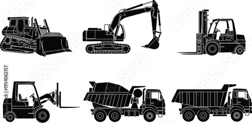 Vector collection of black silhouettes of heavy construction machinery including bulldozer excavator forklift concrete mixer and dump truck icons for industrial building site design