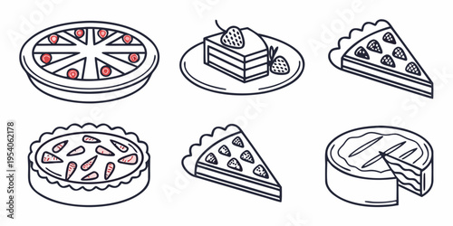 Various pizza and pie desserts for food pastry sweets