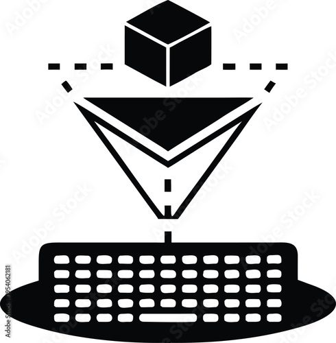 Black 3d cube and funnel with printer on white background