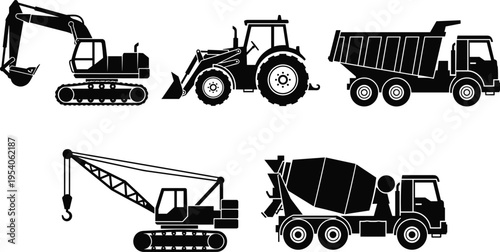 Vector collection of black silhouettes of heavy construction machinery including crawler excavator loader dump truck mobile crane and concrete mixer for industrial site design