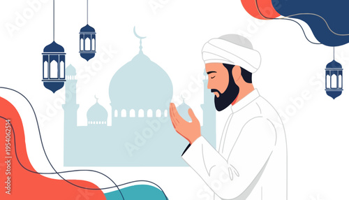 A Muslim man praying in front of a mosque illustration vector