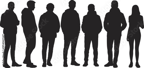 Silhouettes of diverse people standing in line, isolated figures representing community, teamwork, urban lifestyle, anonymous crowd concept illustration, modern society