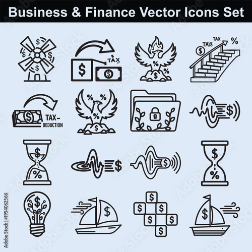Outline vector icons for business finance showcasing hourglass time management waveforms and sailing ships for tracking economic cycles and trends
