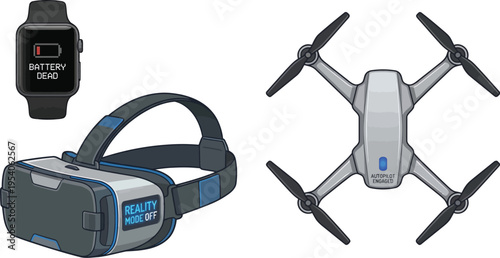Virtual reality headset, dead smartwatch, and quadcopter drone represent modern technology gadgets.