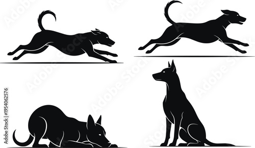 Black dog silhouette set with running jumping sitting and lying poses canine action cad drawing flat vector illustration flavector domestic pet animal.