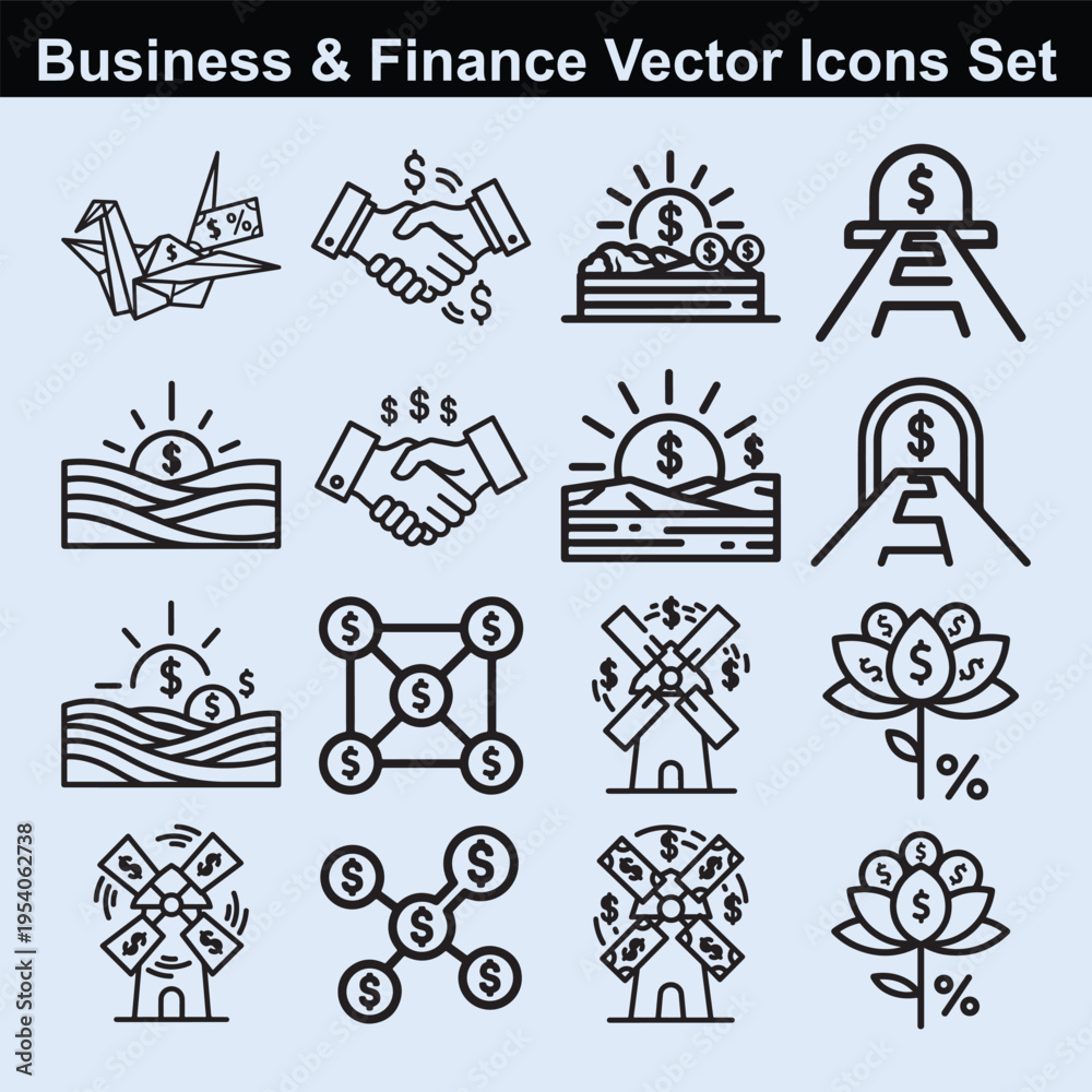 Fototapeta premium Business and finance vector icons set a comprehensive collection of symbols representing various aspects of commerce and financial activities