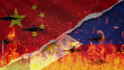 War conflict concept of tearing flag and fighter jets flying against a backdrop of fire and destruction. 