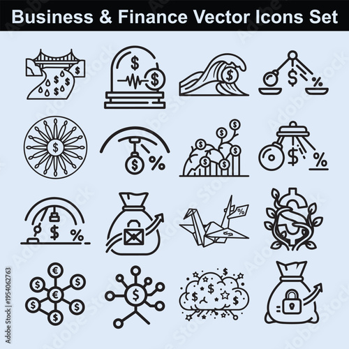 Business and finance vector icons set a collection of symbols representing various financial concepts economic activities and investment ideas