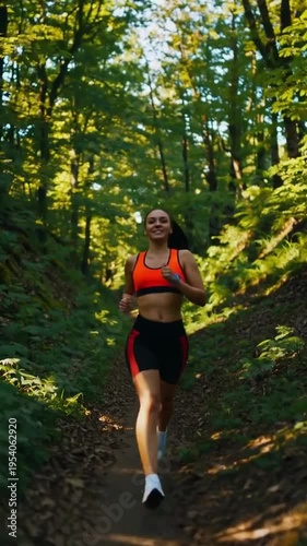 Woman running on forest trail, fitness and healthy lifestyle concept, outdoor workout, спорт, energy, motivation, nature activity, endurance and active living