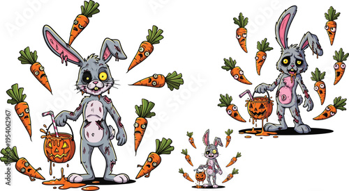 Spooky zombie rabbit character collection holding a carved pumpkin trick or treat bucket surrounded by angry floating carrots on transparent background