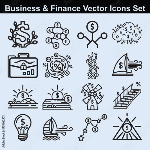 Business and finance vector icons set a comprehensive collection of symbols representing various financial concepts economic activities and growth