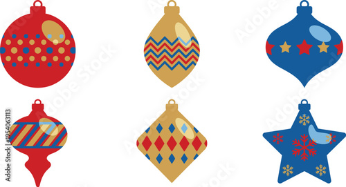 Six assorted colorful Christmas tree ornaments featuring geometric patterns hang isolated against white.