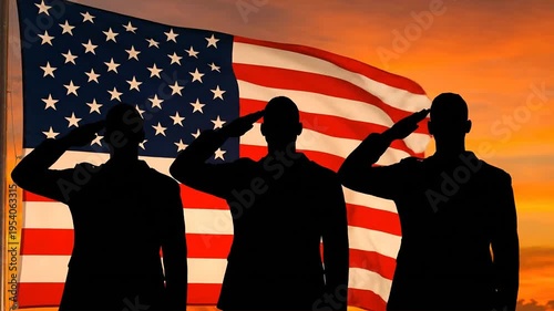 Silhouettes salute in front of american flag during sunset