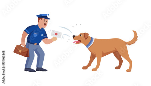 A postal worker holding mail and being threatened by an aggressive dog