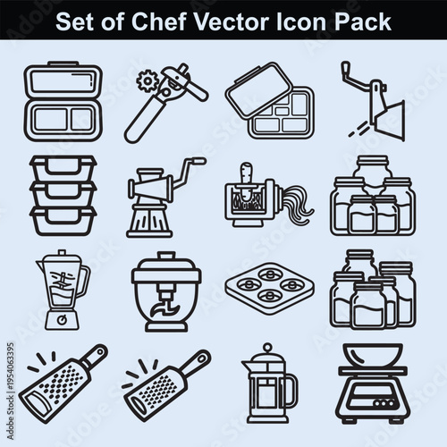 Comprehensive chef vector icon pack with diverse kitchen gadgets, food storage, and preparation tools for food industry
