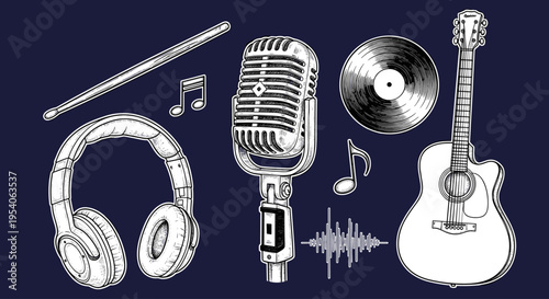 Music instruments and audio equipment.