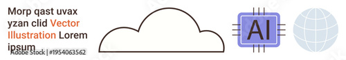 Technology, cloud storage, AI integration, global networking, data processing, system connection. A cloud icon, AI chip design and globe symbol. Cloud storage and AI integration