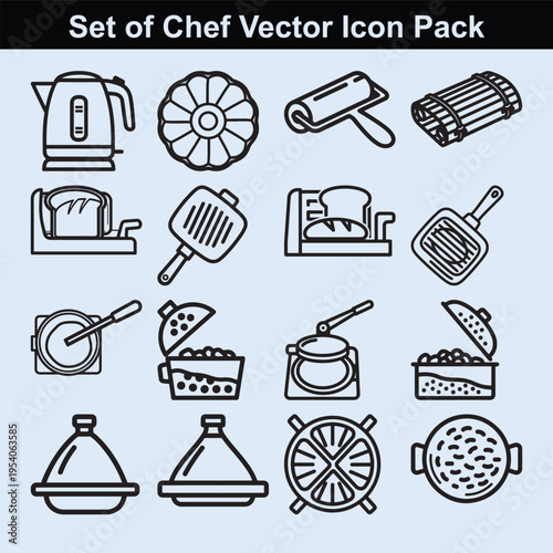 Modern chef vector icon pack with electric kettles, toast racks, and cooking pots for kitchen and breakfast themes