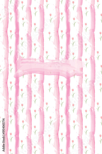 Vertical watercolor floral template with soft pink stripes and tulips, minimalist pastel background with copy space, ideal for invitations, social media, branding, stationery and romantic designs
