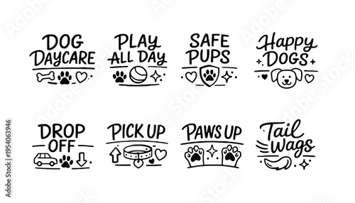 Dog daycare vector icons and phrases for pet care services