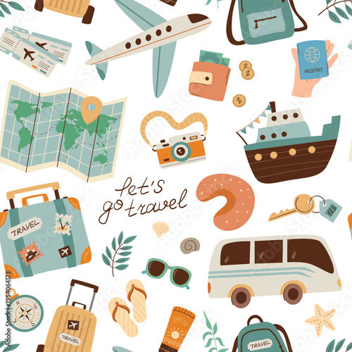 Seamless pattern with travel items. Perfect for packaging, website design, cards and textiles