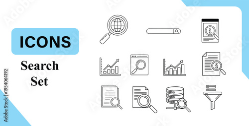 Search Line Icons – Information Discovery, Data Analysis, Find Concept Vector