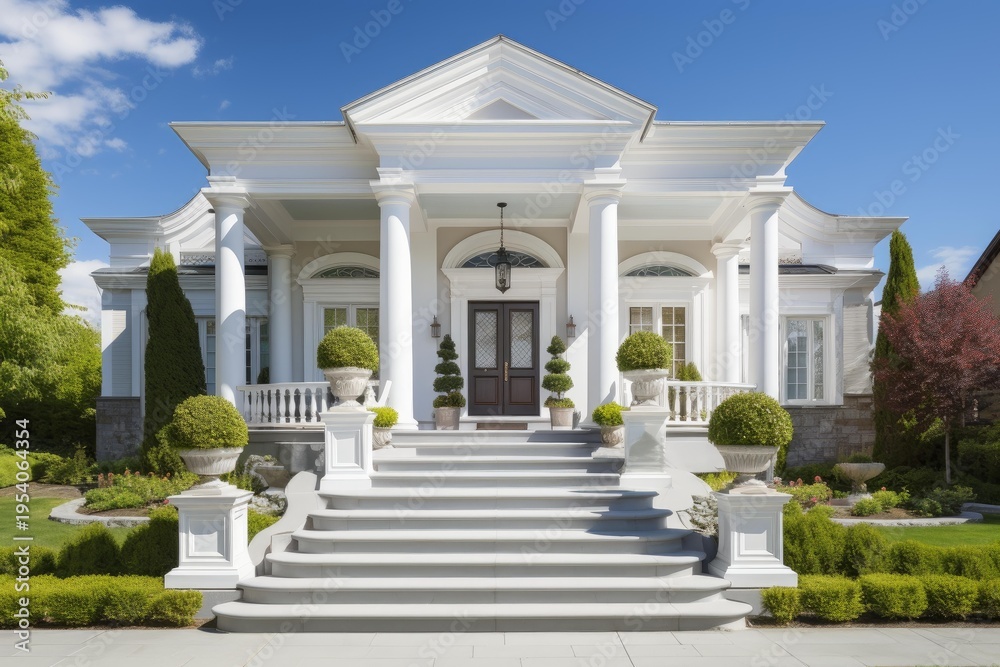 Naklejka premium Elegant modern home showcasing classic design, white columns, a dark wooden door, and manicured garden