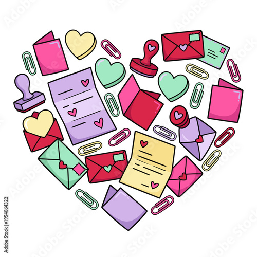 Pastel Love Letter Heart Collage Made from Envelopes Notes and Paperclips