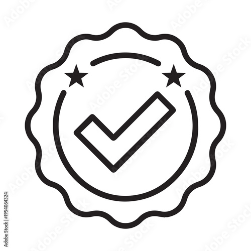 Black and White Line Art Icon of a Certified Quality Badge with a Checkmark and Stars for Approval and Guarantee.