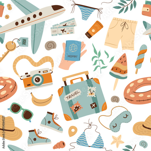 Seamless pattern with travel items. Perfect for packaging, website design, cards and textiles