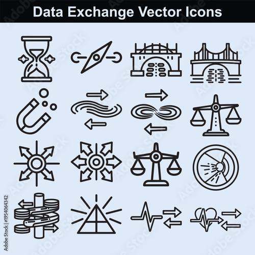 Data exchange vector icons including measurement scales magnetic attraction bridge connections and pulse monitoring symbols for scientific evaluation
