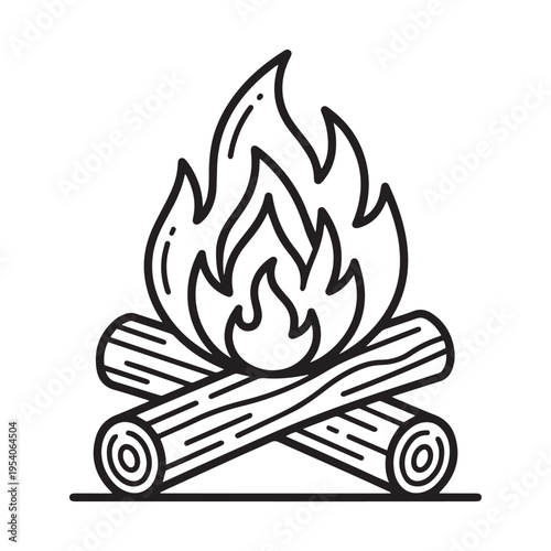 Minimalist black and white line art illustration of a cozy campfire with crossed wooden logs and flickering flames for design.
