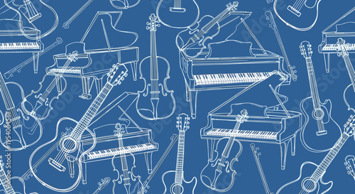 Musical instruments drawn in white lines.