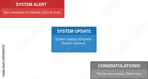 Multiple digital notification boxes display system alert, update complete, and unauthorized prize confirmation messages.