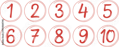 Set of ten red numbers in circles from one to ten isolated on white background digital art