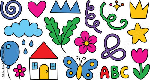 Cute hand drawn doodle set featuring house flowers butterfly and heart symbols in vibrant colors for children