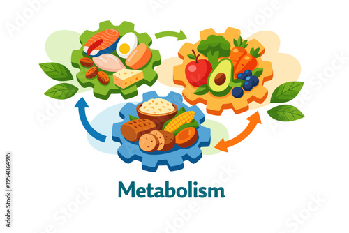 Metabolism concept with healthy food and gears.