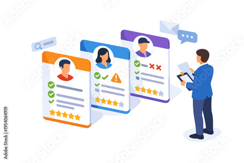 Man reviews candidate profiles on digital screens for hiring.