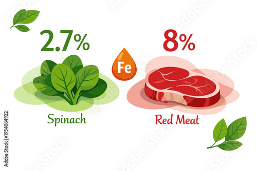 Spinach and Red Meat Iron Content Comparison Illustration.