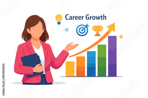 Woman presenting career growth with upward trending graph and icons.