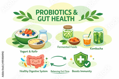 Probiotics and Gut Health Illustrated Food and Digestive System.